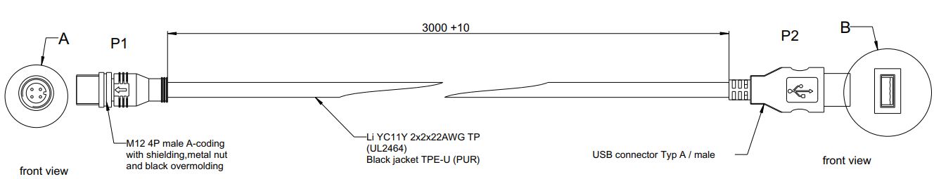 Kábel M12 Usb Férfi Type A 3M